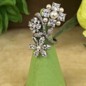 Statement Ring! CZs  and white stone flower ring.